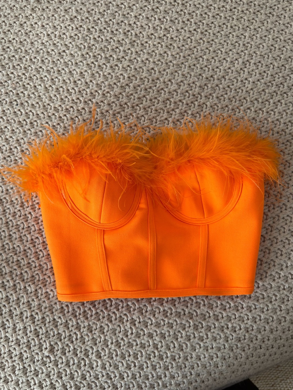 superdown Orange Feather-Trim Strapless Bustier